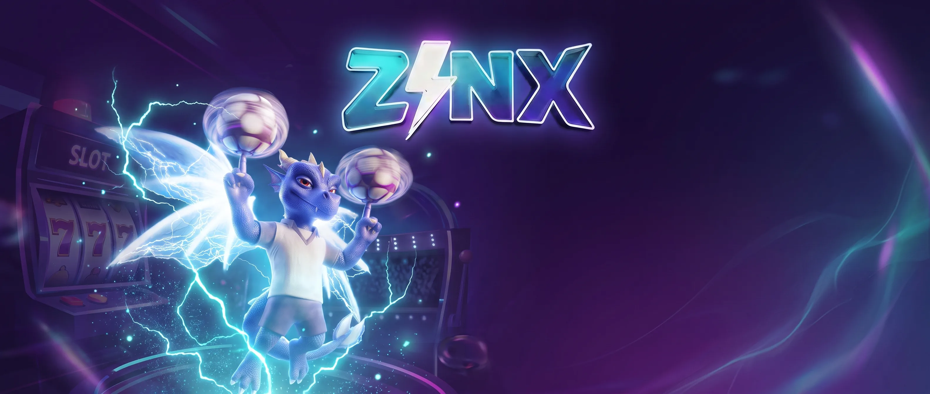 Personajul Zinx Casino și sigla brandului pe un fundal violet cu accente turcoaz